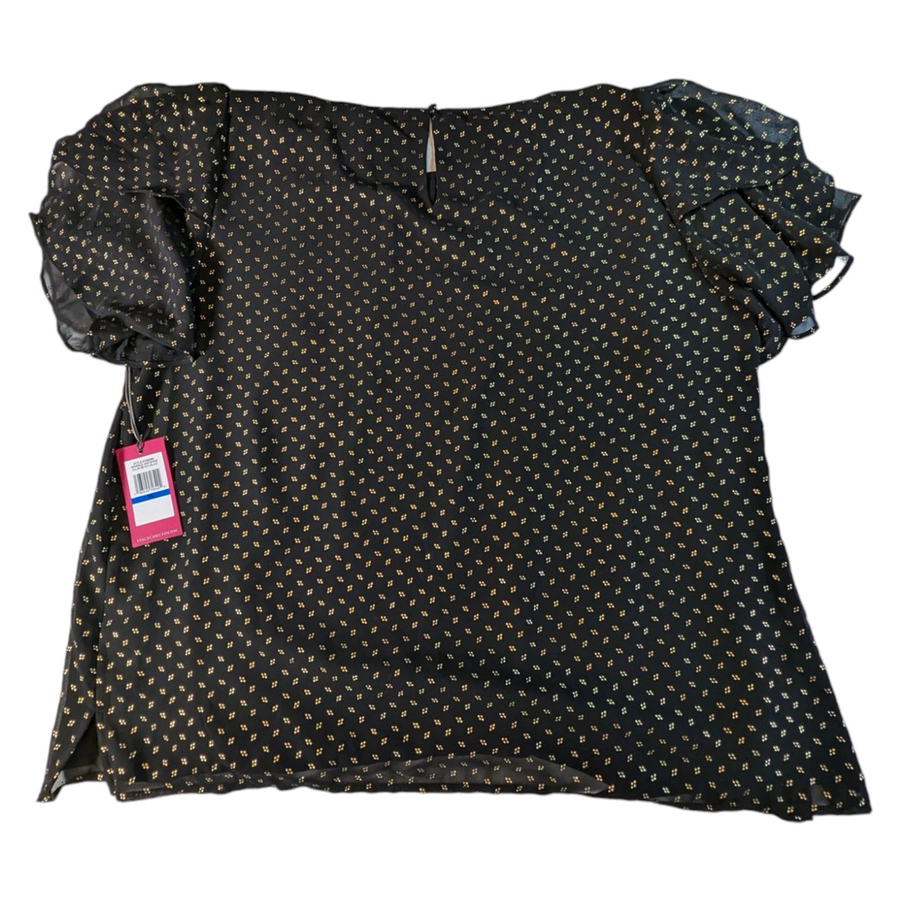 NWT Vince Camuto Womens Metallic Print Tulip Sleeve Blouse Xl Black Gold